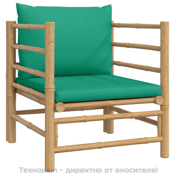 Градински лаундж комплект, 5 части, зелени възглавници, бамбук