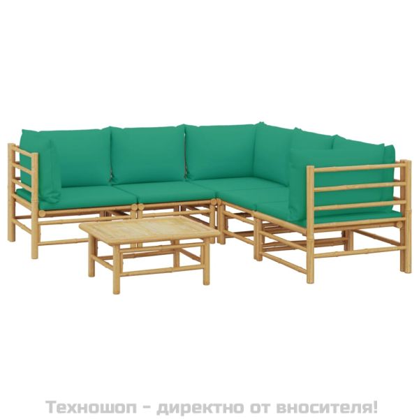 Градински лаундж комплект, 6 части, зелени възглавници, бамбук