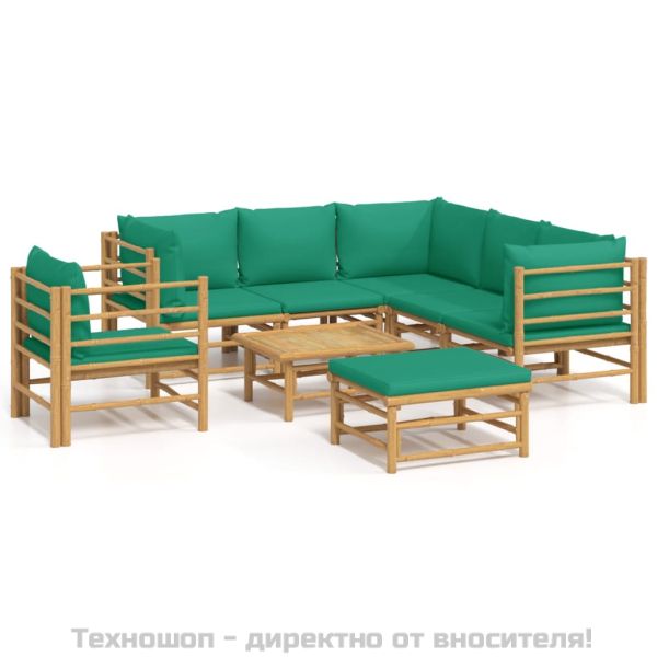 Градински лаундж комплект, 8 части, зелени възглавници, бамбук