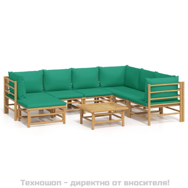 Градински лаундж комплект, 8 части, зелени възглавници, бамбук