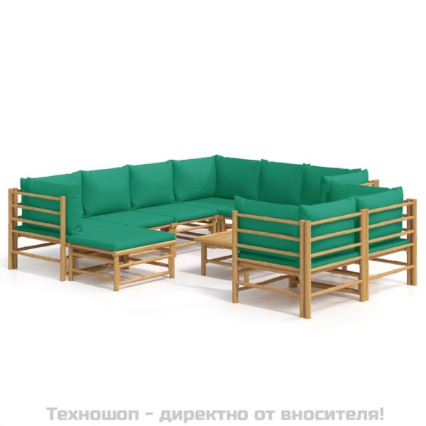 Градински лаундж комплект, 10 части, зелени възглавници, бамбук