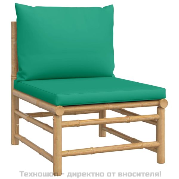Градински лаундж комплект, 10 части, зелени възглавници, бамбук