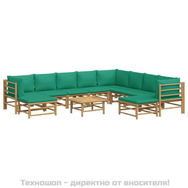 Градински лаундж комплект, 11 части, зелени възглавници, бамбук