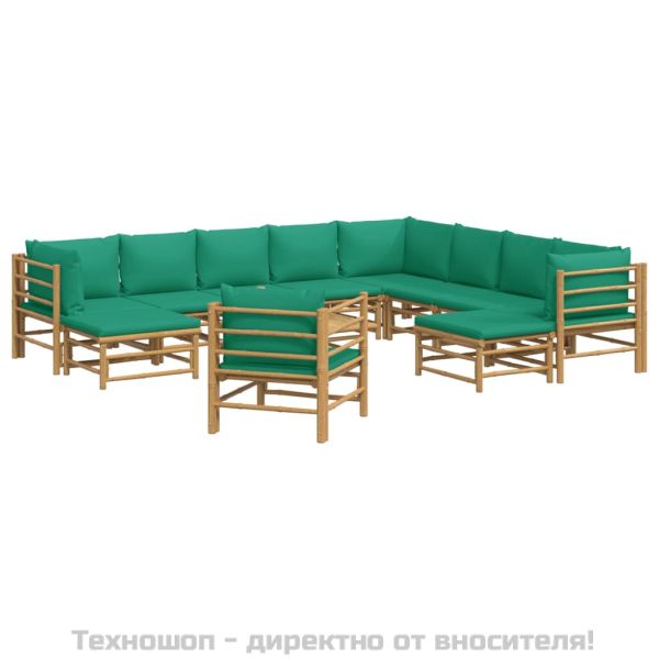 Градински лаундж комплект, 12 части, зелени възглавници, бамбук