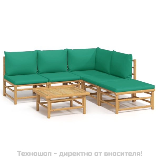 Градински лаундж комплект, 6 части, зелени възглавници, бамбук