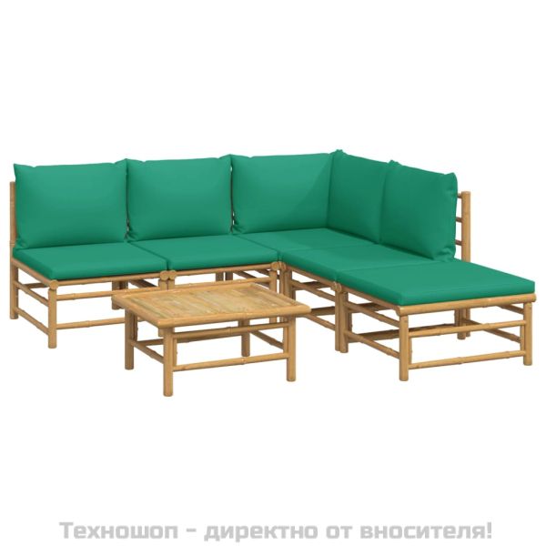 Градински лаундж комплект, 6 части, зелени възглавници, бамбук