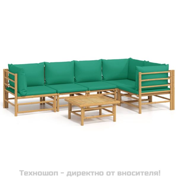 Градински лаундж комплект, 6 части, зелени възглавници, бамбук