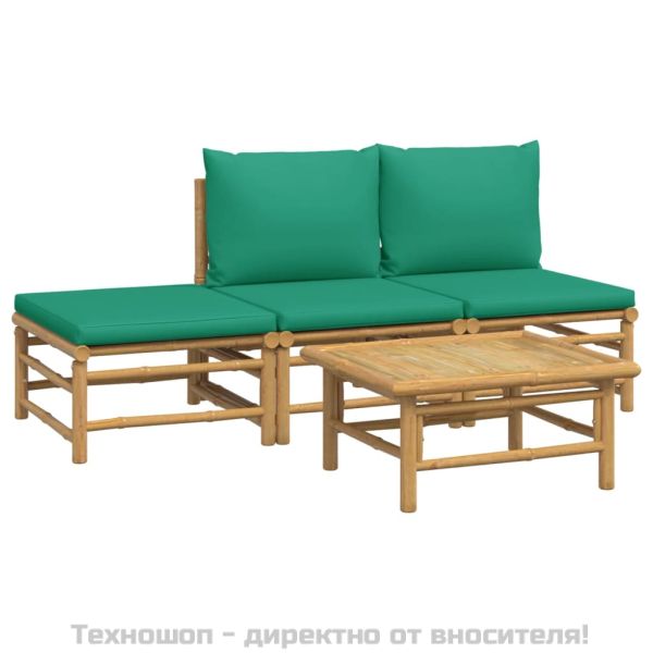 Градински лаундж комплект със зелени възглавници 4 части бамбук