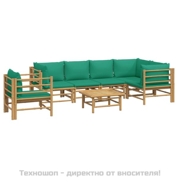 Градински лаундж комплект, 7 части, зелени възглавници, бамбук