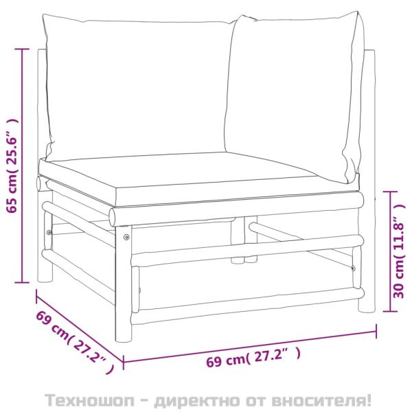 Градински лаундж комплект, 7 части, зелени възглавници, бамбук