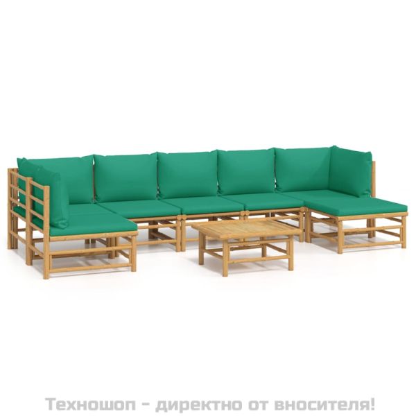 Градински лаундж комплект, 8 части, зелени възглавници, бамбук