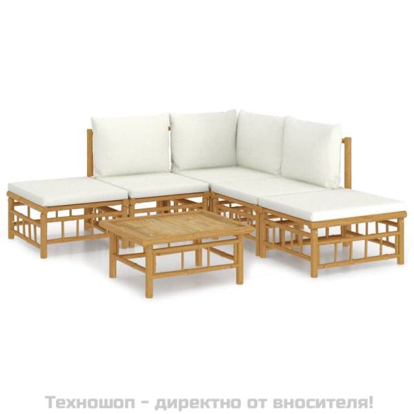Градински лаундж комплект с кремави възглавници 6 части бамбук