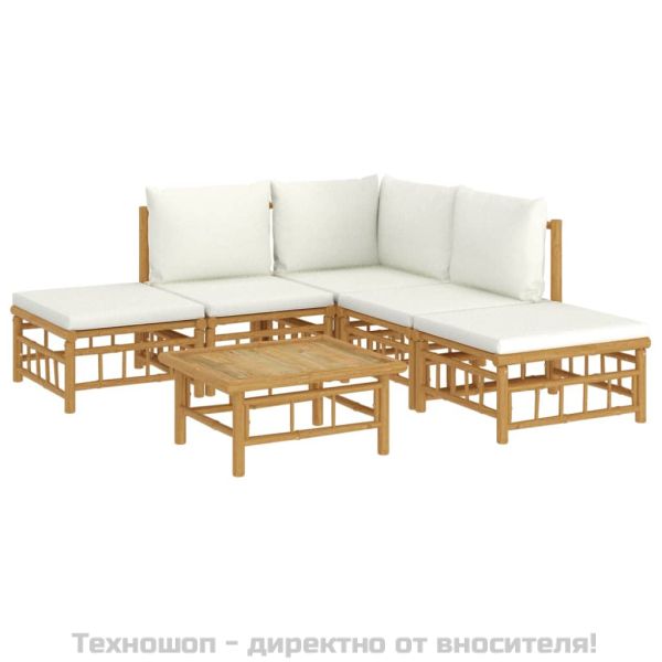 Градински лаундж комплект с кремави възглавници 6 части бамбук