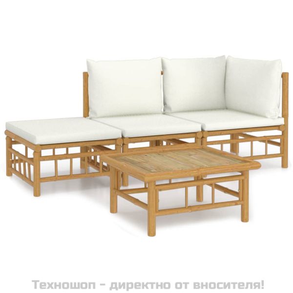 Градински лаундж комплект, 4 части, кремави възглавници, бамбук