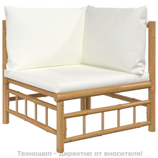 Градински лаундж комплект, 4 части, кремави възглавници, бамбук