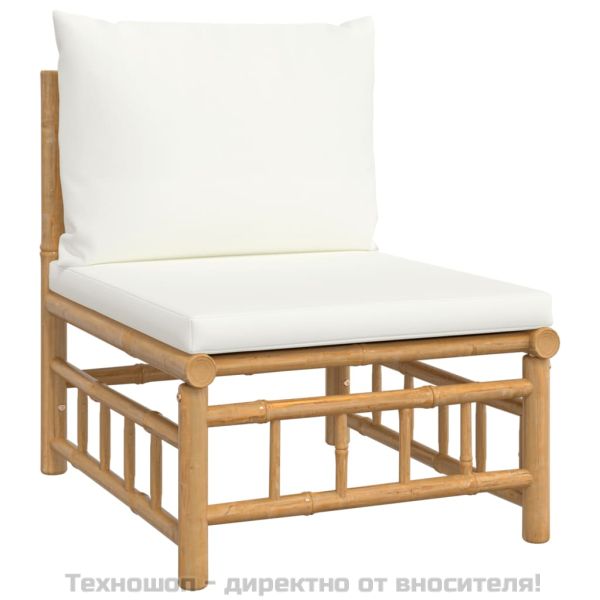 Градински лаундж комплект, 4 части, кремави възглавници, бамбук