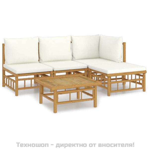 Градински лаундж комплект с кремави възглавници 5 части бамбук