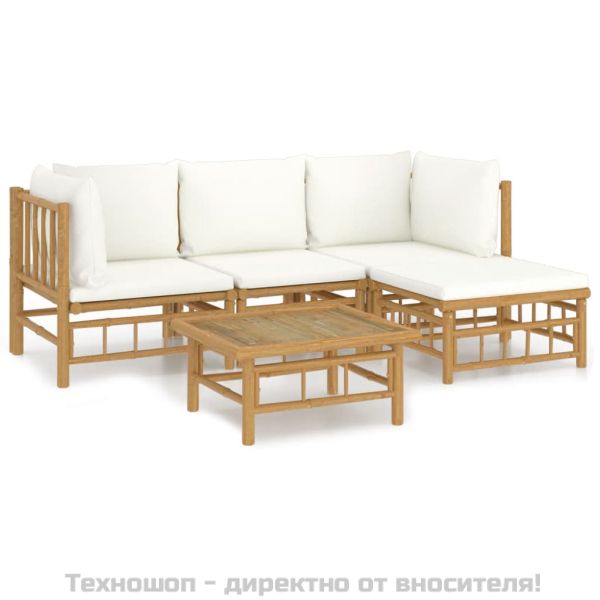 Градински лаундж комплект с кремави възглавници 5 части бамбук