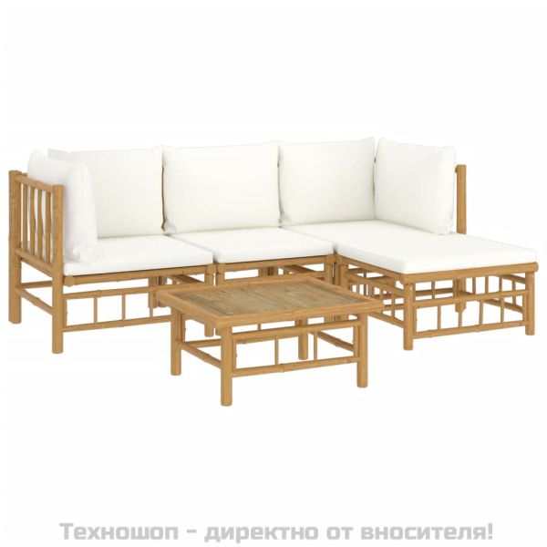 Градински лаундж комплект с кремави възглавници 5 части бамбук