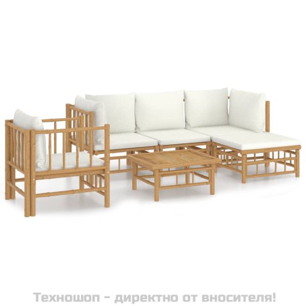 Градински лаундж комплект с кремави възглавници 6 части бамбук