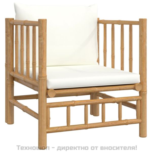 Градински лаундж комплект с кремави възглавници 6 части бамбук