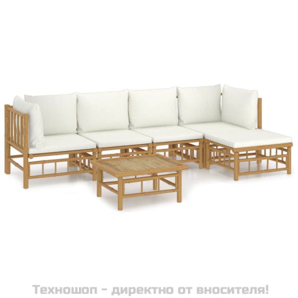 Градински лаундж комплект с кремави възглавници 6 части бамбук