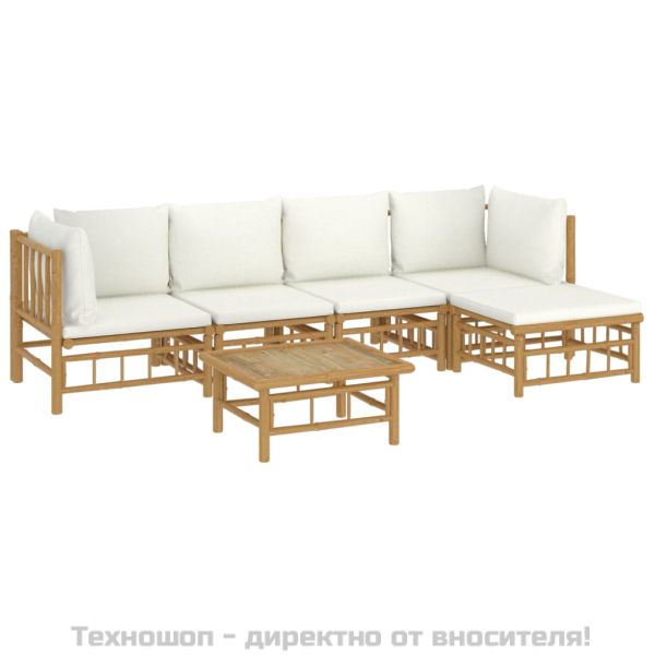 Градински лаундж комплект с кремави възглавници 6 части бамбук