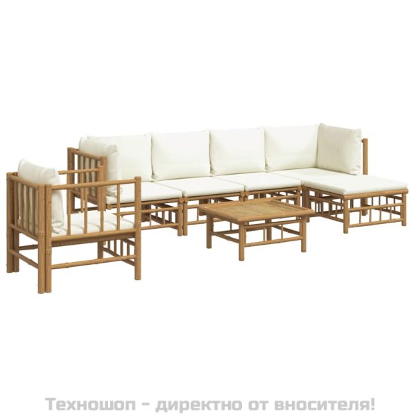 Градински лаундж комплект с кремави възглавници 7 части бамбук