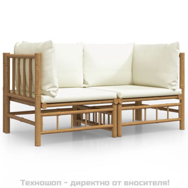 Градински ъглови дивани с кремавобели възглавници, 2 бр, бамбук