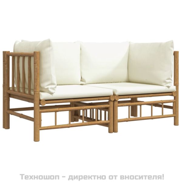 Градински ъглови дивани с кремавобели възглавници, 2 бр, бамбук