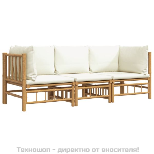 Градински лаундж комплект с кремави възглавници 3 части бамбук
