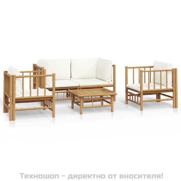 Градински лаундж комплект с кремави възглавници 5 части бамбук