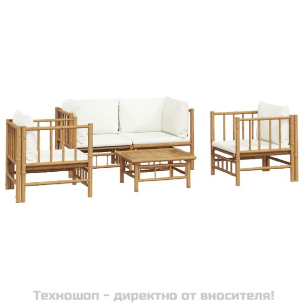 Градински лаундж комплект с кремави възглавници 5 части бамбук
