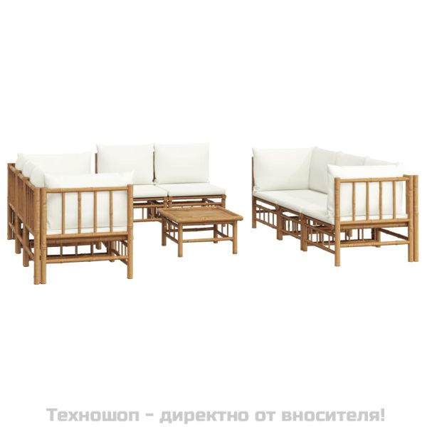 Градински лаундж комплект с кремави възглавници 9 части бамбук