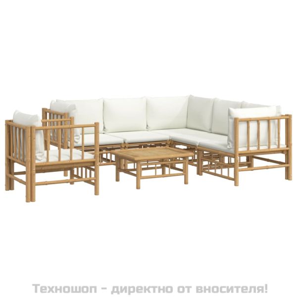 Градински лаундж комплект с кремави възглавници 7 части бамбук