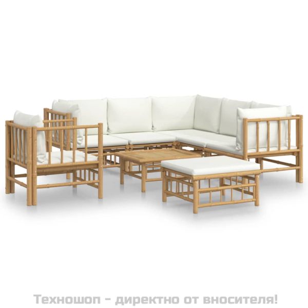 Градински лаундж комплект с кремави възглавници 8 части бамбук