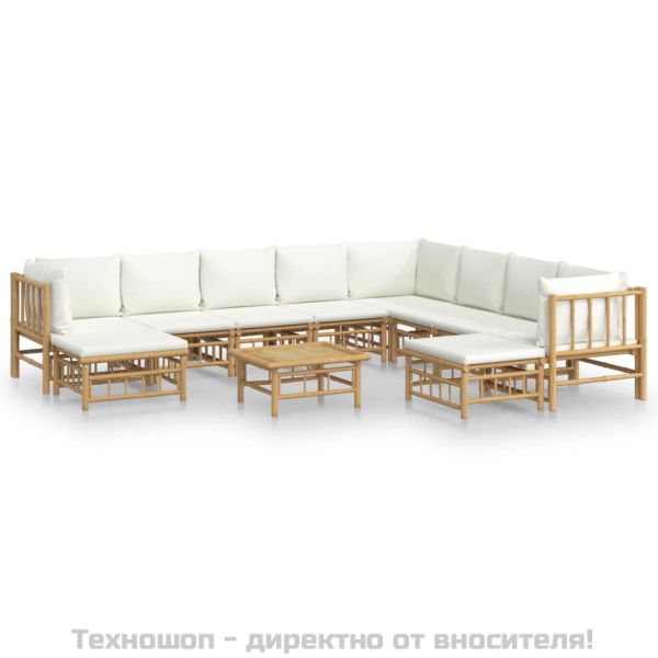 Градински лаундж комплект с кремави възглавници 11 части бамбук