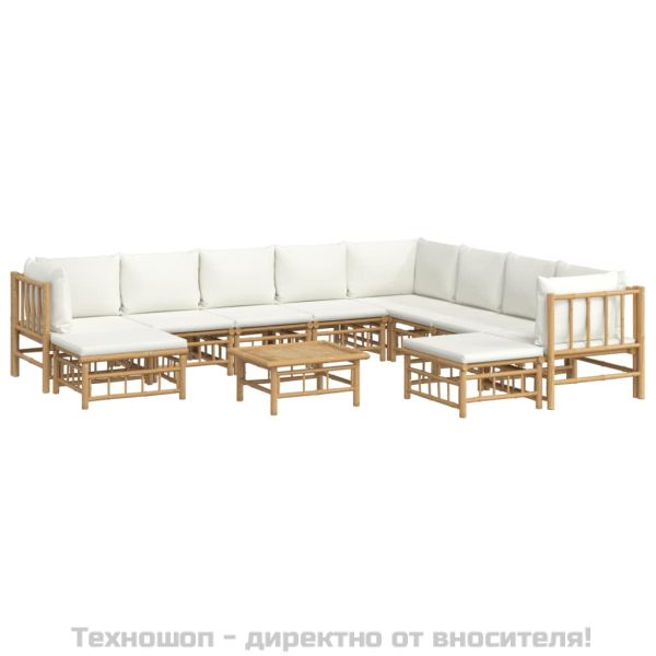 Градински лаундж комплект с кремави възглавници 11 части бамбук