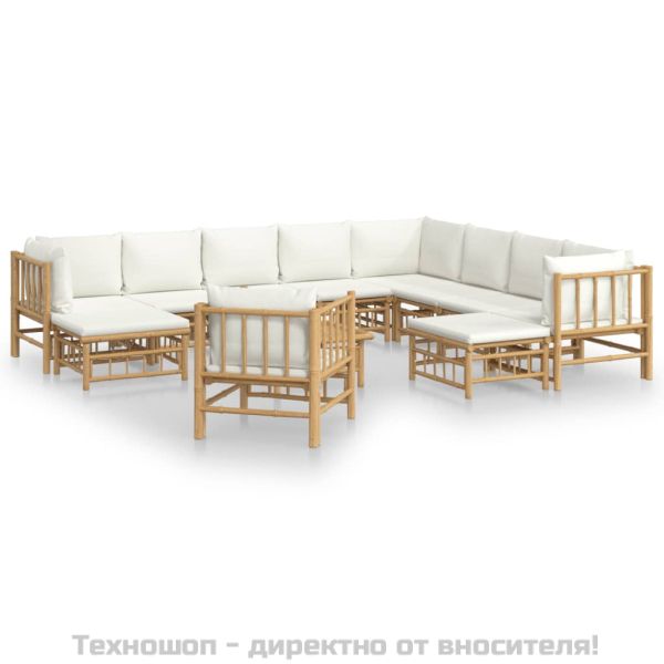 Градински лаундж комплект с кремави възглавници 12 части бамбук