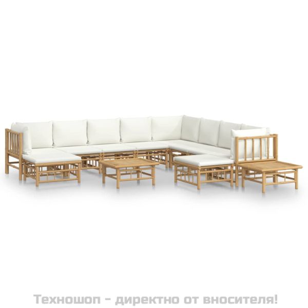 Градински лаундж комплект с кремави възглавници 12 части бамбук