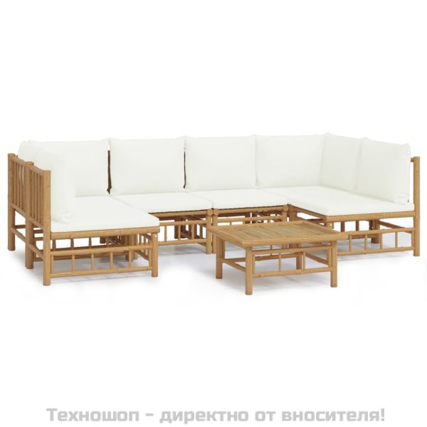 Градински лаундж комплект с кремави възглавници 7 части бамбук