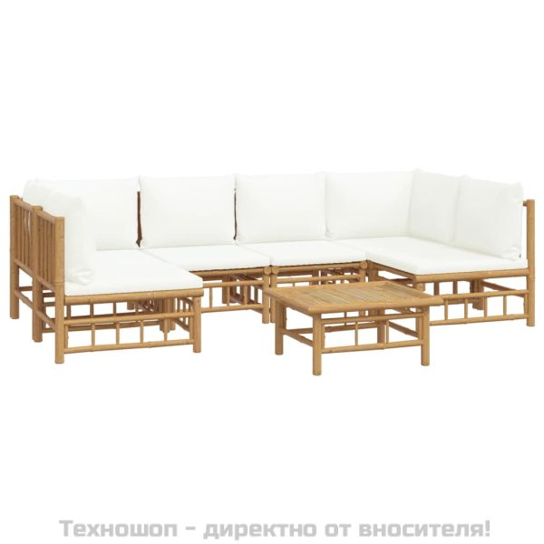 Градински лаундж комплект с кремави възглавници 7 части бамбук