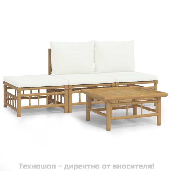 Градински лаундж комплект с кремави възглавници 4 части бамбук