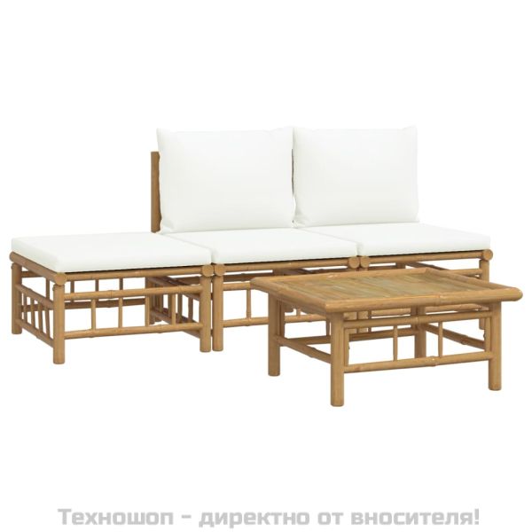 Градински лаундж комплект с кремави възглавници 4 части бамбук