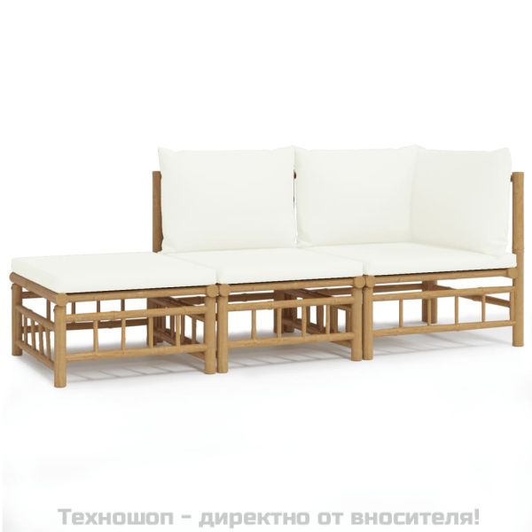 Градински лаундж комплект с кремави възглавници 3 части бамбук