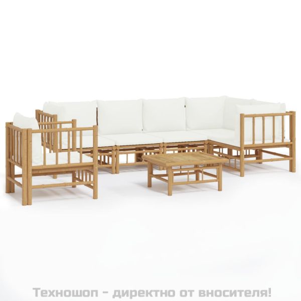 Градински лаундж комплект с кремави възглавници 7 части бамбук