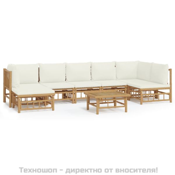 Градински лаундж комплект с кремави възглавници 8 части бамбук