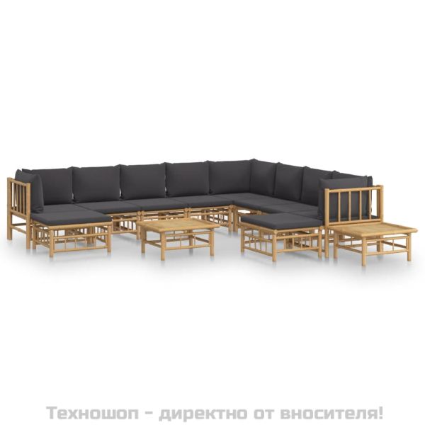 Градински лаундж комплект тъмносиви възглавници 12 части бамбук