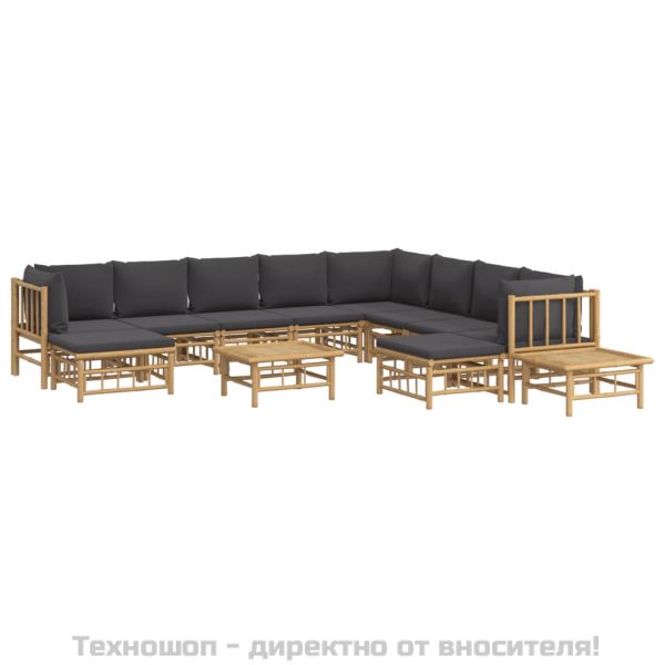 Градински лаундж комплект тъмносиви възглавници 12 части бамбук