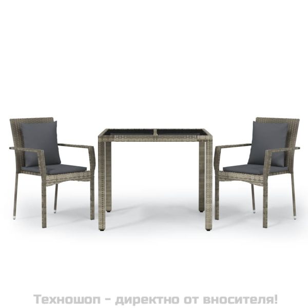 Градински трапезен комплект 3 части с възглавници сив полиратан
